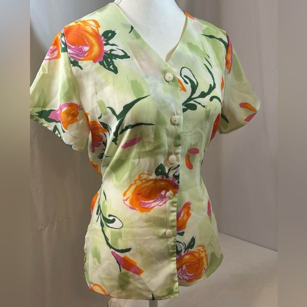 Vintage 90s Michael Ashton Watercolor Rose Floral Button Up Top Chartreuse